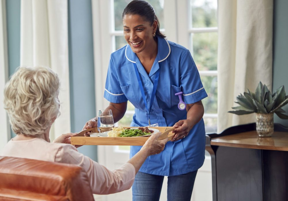 Female Care Worker In Uniform Bringing Meal On Tray To Senior Woman Sitting In Lounge At Home